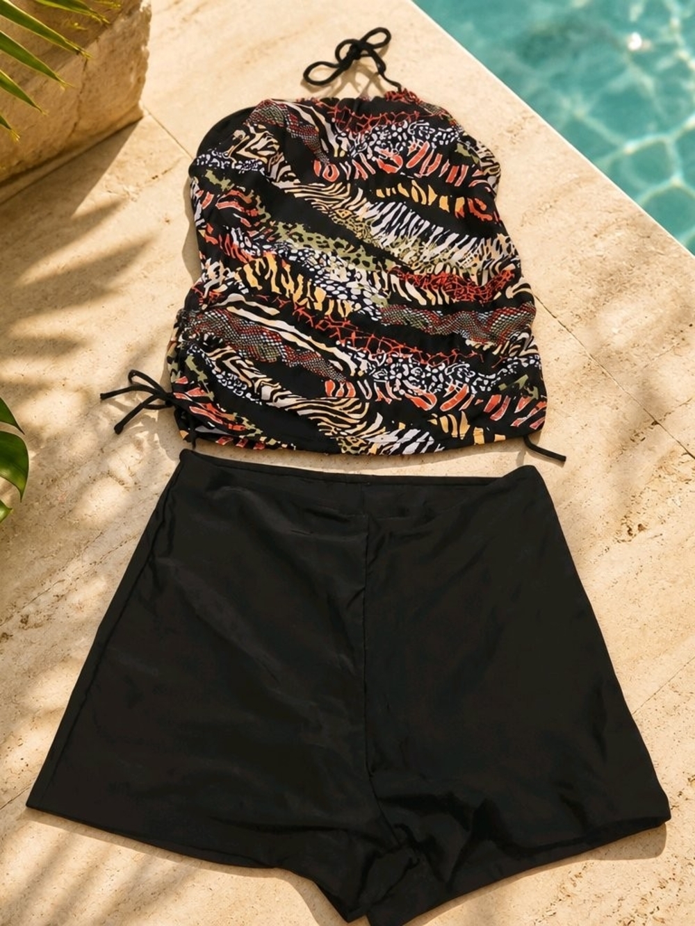 Black Swim Skort with Multicolor Animal-Print Tankini Top